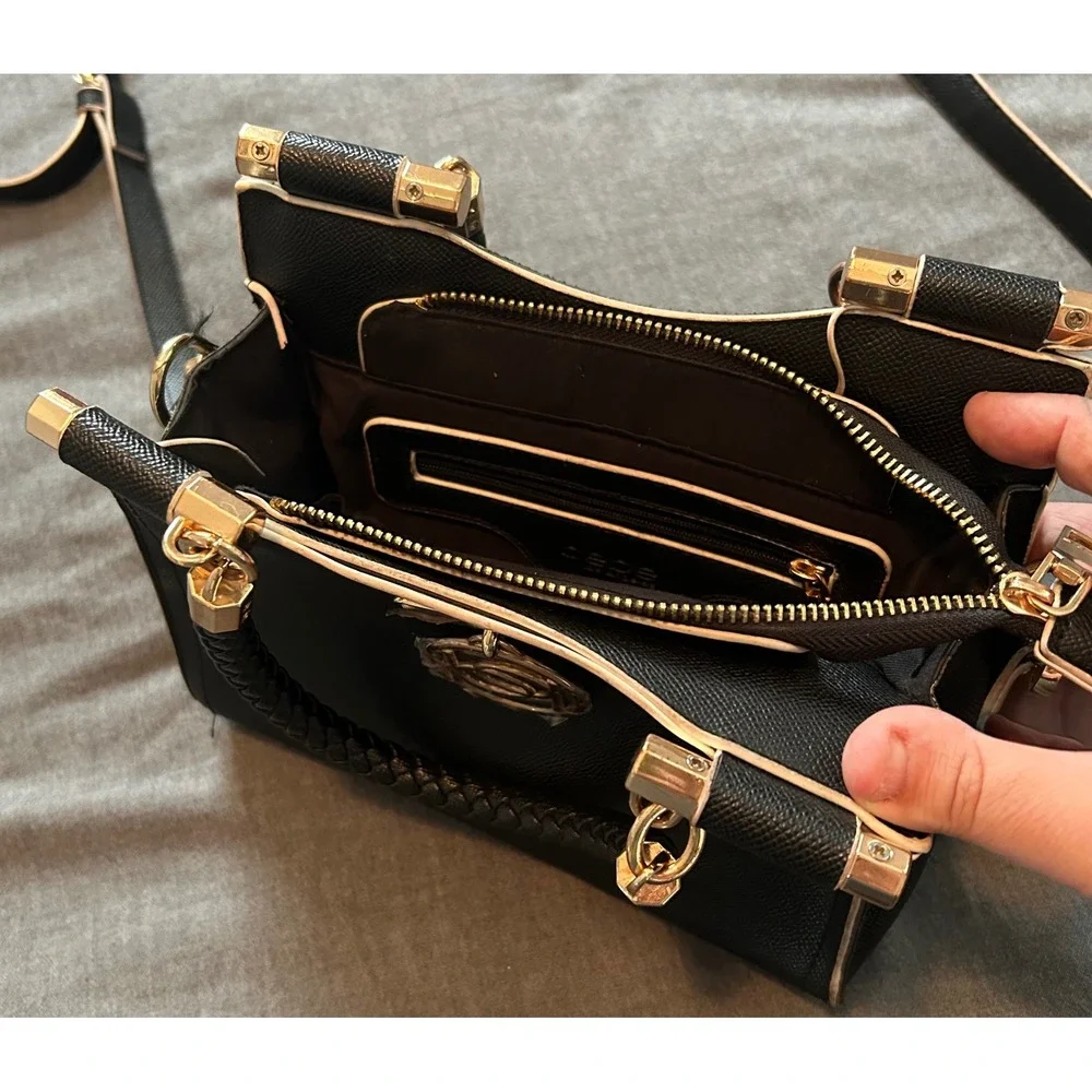 Bebe Black Saffiano Crossbody Satchel Bag Braided Handle Gold Logo Medallion